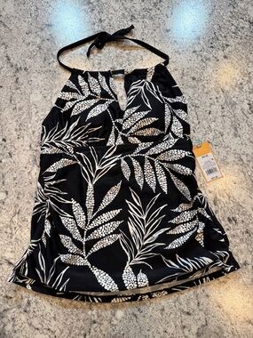 Kona Sol Black & White Halter Swim Top with Leaf Print